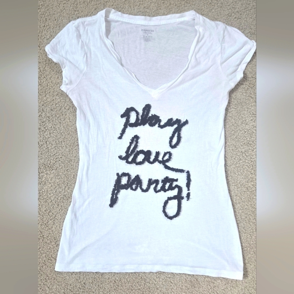 Express White Graphic Tee with Black Ruffle Chiffon Text Size Medium